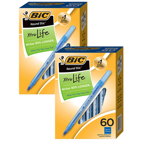 Bic Round Stic® Xtra Life Ball Pen, Blue, 60 Per Pack, PK2 GSM609BE